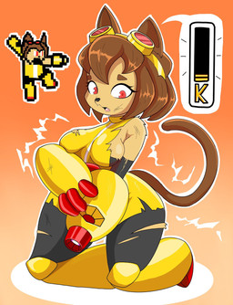 8-bit anthro arm_cannon armor big_breasts breasts brown_hair bruised clothing eyewear female goggles hair kneeling red_eyes side_boob solo tail thick_thighs torn_clothing weapon weapon_arm wide_hips zebra10045 gameoverse glitch_productions kit_bodega domestic_cat felid feline felis mammal hi_res