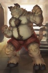 anthro belly biceps bottomwear boxing bulge chest_tuft clothed clothing fighting_ring fluffy fur hair hooves horn looking_at_viewer male musclegut muscular muscular_anthro muscular_male nipple_piercing nipples overweight overweight_anthro overweight_male piercing pose shorts slightly_chubby small_ears smile solo sport stripes topless tuft cinna-tree bovid bovine cattle felid hybrid mammal pantherine tiger 2015