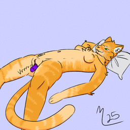 anthro bite biting_lip blush breasts clitoral_hood clitoris female genitals lying masturbation on_back pillow sex_toy solo tail vibrator vulva mobsterlobster felid feline mammal 1:1