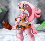 anthro big_breasts breasts clothed clothing female food hair meat muscular muscular_female pink_body pink_hair solo water yellow_eyes yoshimister nintendo pokemon ancient_pokemon generation_9_pokemon paradox_pokemon pokemon_(species) scream_tail hi_res