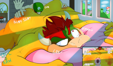 anal anthro anus arm_markings ass_up bed bedding bedroom bedroom_sex big_butt bite bite_mark bite_mark_on_butt blush bodily_fluids body_blush butt butt_blush butt_grab butt_slap clothing dialogue duo eye_roll facial_hair furniture gaping gaping_anus hand_markings hand_on_butt hat headgear headwear heart_eyes heart_symbol horn larger_sub lying male male/male male_rimming_male markings moan muscular muscular_male mustache on_front one_eye_half-closed onomatopoeia oral perineum pillow pillow_bite puffy_anus rimming saliva_on_anus sex short_tail size_difference slap snot sound_effects spank_marks_on_ass spanking stuttering submissive tail tail_motion tailwag talking_to_another tears tears_of_pleasure text window yellow_body soul_d_raws mario_bros nintendo bowser luigi human koopa mammal reptile scalie turtle 2026 digital_drawing_(artwork) digital_media_(artwork) english_text hi_res