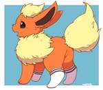 ambiguous_gender blue_background border butt clothing digitigrade featureless_crotch feral fluffy fluffy_tail footwear footwear_only fur kemono mostly_nude neck_tuft open_mouth orange_body orange_fur paws quadruped simple_background socks socks_only solo tail tan_body tan_fur tuft white_border inukami_hikari nintendo pokemon eeveelution flareon generation_1_pokemon pokemon_(species) 2023 digital_media_(artwork) full-length_portrait hi_res portrait signature