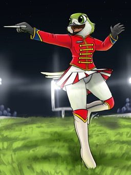 anthro beak boots bottomwear breasts clothed clothing conductor female footwear furgonomics majorette marching marching_band_uniform outside panties pose public raised_bottomwear raised_clothing raised_skirt shoes skirt solo standing tail tail_through_skirt underwear fish_birb sarah_(fish_birb) apodiform avian bird hummingbird absurd_res hi_res