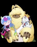 ambiguous_gender anthro black_claws blush claws cuddling fur group hair hair_over_eyes pink_body scarf sitting size_difference sleeping tentacles trio white_body yellow_body yellow_fur capnii bandai_namco digimon digimon_ghost_game angoramon digimon_(species) gammamon humanoid jellymon alpha_channel hi_res