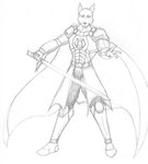 anthro armor armwear cape clothing male melee_weapon solo sword weapon reddragonkan deleon canid canine canis dobermann domestic_dog mammal pinscher graphite_(artwork) monochrome traditional_media_(artwork)