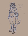 anthro big_breasts boots bottomwear breasts clothed clothing female footwear fully_clothed hair hair_over_eye long_hair overweight overweight_anthro overweight_female pants pip-boy shoes simple_background solo standing tail text fiercedeitylynx fallout microsoft melody_(fiercedeitylynx) canid canine canis mammal wolf 2021 english_text hi_res sketch