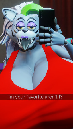 anthro big_breasts breasts camera_view cleavage clothed clothing ear_piercing electronics eyebrows female green_hair grey_body hair half-closed_eyes holding_object holding_phone huge_breasts hyper hyper_breasts lipstick long_hair looking_at_viewer machine makeup multicolored_body multicolored_hair narrowed_eyes on_model phone piercing question_mark selfie solo teeth text tongue tongue_out topwear yellow_eyes bigdogenzo five_nights_at_freddy's five_nights_at_freddy's:_security_breach scottgames snapchat steel_wool_studios roxanne_wolf animatronic canid canine canis mammal robot wolf 2022 3d_(artwork) absurd_res blender_(artwork) blender_eevee_(artwork) digital_media_(artwork) english_text hi_res
