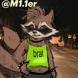 anthro bracelet brown_body brown_fur clothing collar crop_top fur jewelry male navel red_eyes shirt solo spiked_bracelet spikes tank_top topwear rainbowsteed brat_(charli_xcx) guardians_of_the_galaxy marvel marvel_rivals rocket_raccoon mammal procyonid raccoon 1:1 hi_res