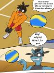 3:4 anthro anthrofied ball booster_(fuze) boxers_(clothing) clothed clothing comic dialogue english_text fuze generation_4_pokemon generation_5_pokemon hi_res male nintendo pokemon pokemon_(species) riolu skyler_(fuze) sport tepig text topless underwear volleyball volleyball_(ball)