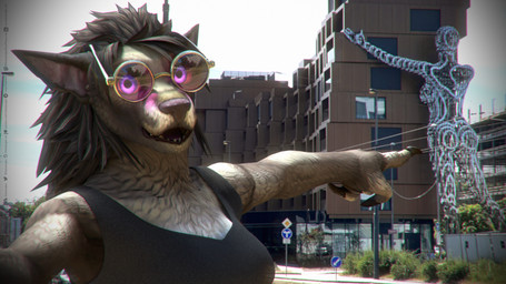 anthro black_clothing black_hair black_nose clothing eyewear female fur gesture glasses hair hand_gesture looking_at_viewer open_mouth outside photo_background plant pointing shirt shrub solo tank_top text tinted_glasses topwear thatworgen blizzard_entertainment warcraft destiney_crawford_(thatworgen) canid mammal werecanid werecreature worgen 16:9 2023 3d_(artwork) 4k absurd_res autodesk_3ds_max_(artwork) digital_media_(artwork) hi_res photography_(artwork) url watermark widescreen