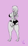 anthro big_breasts big_butt bikini breasts butt clothing female fur grey_body grey_fur pink_eyes solo swimwear thick_thighs two-piece_swimsuit vamrack mewlia bovid caprine domestic_cat felid feline felis humanoid hybrid mammal sheep 5:8 hi_res