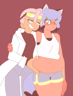 annoyed anthro arm_around_waist belly belly_grab belly_squish blue_hair bottomwear breasts brown_background butt butt_from_the_front clothed clothing coat dolphin_shorts duo ear_piercing ear_ring eyewear eyewear_on_head female frown glasses glasses_on_head green_eyes grin hair hand_on_another's_hip hand_on_hip human_on_anthro interspecies looking_at_another navel pants piercing pink_hair raised_clothing raised_shirt raised_topwear ring_piercing shirt short_hair shorts simple_background slightly_chubby slightly_chubby_anthro slightly_chubby_female small_breasts smile squish standing tan_body tan_skin tank_top teasing topwear undershirt visor weight_teasing oddity27 brand_new_animal studio_trigger marie_itami michiru_kagemori canid canine human mammal raccoon_dog tanuki 2025 digital_media_(artwork) hi_res