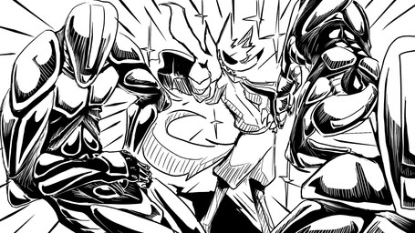 abs anthro backflip bulge cape clothing eye_patch eyewear gesture group hand_gesture machine male metal military_uniform pointing pose sharp_teeth sparkles teeth thong underwear uniform dragonweirdo kimera_(dragonweirdo) canid canine canis humanoid mammal robot robot_humanoid wolf hi_res