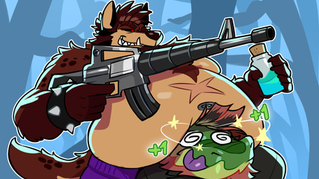 anthro belly duo gun male male/male overweight pecs ranged_weapon size_difference tail weapon mache_art epic_games fortnite invader_(invaderthegator) wild_(wildside) alligator alligatorid crocodilian gnoll hyena mammal reptile scalie 16:9 hi_res widescreen