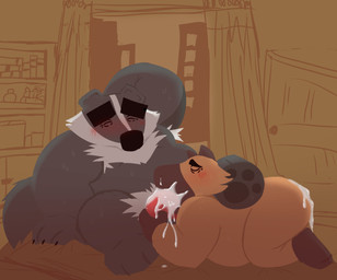 anthro belly big_belly black_nose blush bodily_fluids butt cum cum_on_butt duo genital_fluids genitals head_stripe inside male male/male oral overweight overweight_male penis sitting bencomedion beastly_crimes beastly_crimes_(2024) chief_badger santiago_(bencomedion) badger capybara caviid mammal mustelid musteline rodent 2026 hi_res