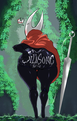 advertisement annoyed anthro big_butt black_body body_writing bodypaint butt butt_grab cloak cloak_only clothing cross-popping_vein female female_anthro genitals grass hand_on_butt hand_on_own_butt horn iconography melee_weapon non-mammal_vulva plant plump_labia presenting presenting_hindquarters rear_view red_cloak red_clothing solo thick_thighs vulva weapon writing_on_butt mr.over hollow_knight:_silksong hollow_knight_(franchise) team_cherry hornet_(hollow_knight) arachnid arthropod spider 2025 digital_media_(artwork)