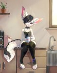 5_fingers adra_(tiddles) anthro arm_support beverage big_ears black_body black_fur black_hair bottomless breasts canid canine cereal cheek_tuft chest_tuft cleavage clothed clothing collar container cup detailed_background digital_media_(artwork) digital_painting_(artwork) english_text facial_tuft female fennec_fox fingers food fox fur hair head_tilt hi_res holding_container holding_cup holding_object inner_ear_fluff inside kitchen legwear looking_aside mammal pink_nose purple_eyes shirt short_hair sink sitting solo steam talilly tank_top text thigh_highs toeless_legwear topwear true_fox tuft uwu white_body white_fur wide_hips