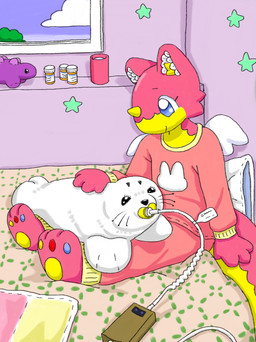 anthro charging_cable clothed clothing duo feral horn pacifier pajamas pawpads pill_bottle plushie unicorn_horn wings mimill3 paro_therapeutic_robot aquatic mammal pinniped seal unknown_species hi_res