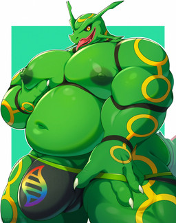 anthro areola barely_visible_genitalia barely_visible_penis belly big_bulge big_muscles big_pecs black_clothing black_jockstrap black_sclera black_underwear bulge clothed clothing fangs genitals green_body horn huge_pecs inviting jockstrap jockstrap_only lips male markings mega_evolution_logo musclegut muscular muscular_male navel nipples open_mouth partially_clothed pec_squeeze pecs penis puffy_areola red_lips simple_background solo standing tail teeth thick_arms thick_thighs tongue tongue_out topless underwear underwear_down underwear_only yellow_eyes orcakunart mythology nintendo pokemon dragon generation_3_pokemon legendary_pokemon mythological_creature mythological_scalie pokemon_(species) rayquaza scalie 2026 absurd_res digital_drawing_(artwork) digital_media_(artwork) hi_res