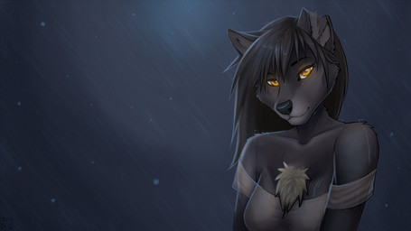 amber_eyes anthro black_body black_fur black_hair black_nose breasts chest_tuft clothing female fur hair long_hair looking_at_viewer night notched_ear outside raining shirt sky smile solo star starry_sky topwear tuft wyla wyla_(character) canid canine canis mammal wolf 16:9 2013 bust_portrait dark_theme digital_media_(artwork) hi_res portrait shaded wallpaper widescreen