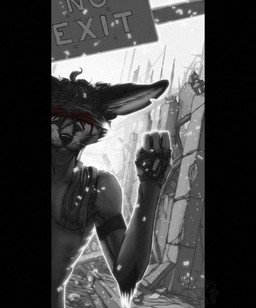 bandage blood bodily_fluids building city clothed clothing destruction dog_tags looking_at_viewer male outside post-apocalyptic rubble ruins sign solo street topless urban fighterjet fallout microsoft lux_(character) canid canine fox mammal
