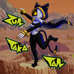 accessory anthro bandage bandage_on_face bandaged_chest bandaged_head bell black_body breasts cat_tail claw_weapons cliffside_(terrain) cloak clothing cloud cloudy_sky dessert female food furgonomics gold_accessories hood_up looking_at_viewer pointy_ears sky solo tail tail_accessory text yellow_eyes fuzzycogs ratatan nyandola_(ratatan) domestic_cat felid feline felis mammal 1:1 absurd_res hi_res