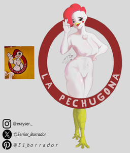 anthro avian_caruncle big_breasts black_eyes blush blush_stickers breasts comb_(anatomy) featureless_crotch female head_crest looking_at_viewer navel nipple_outline nipples non-mammal_breasts non-mammal_navel non-mammal_nipples open_mouth solo text thick_thighs white_body wide_hips erayser la_pechugona avian bird chicken galliform phasianid hi_res spanish_text