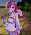 anthro artist_name athens_(heresvix) beautiful_background bellflower bovid brown_eyes calendula_(flower) caprine clothed clothing deer detailed_background dress femboy fence fencepost flower flower_accessory flower_crown forget-me-not_(flower) fur heresvix hi_res holding_object holding_weapon humanoid_hands looking_at_viewer male male_anthro mammal multicolored_body multicolored_fur orange_body orange_fur outside plant scenery scut_tail short_tail sickle signature solo tail translucent translucent_clothing visible_underwear weapon white_body white_clothing white_dress white_fur