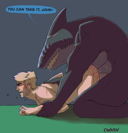 all_fours anthro bed bite_mark blonde_hair blood blush bodily_fluids dialogue doggystyle drooling duo from_behind_position furniture hair human_on_anthro interspecies male male/male muscular muscular_male red_eyes saliva sex sharp_teeth size_difference sweat teeth text cavahn dc_comics john_constantine king_shark aquatic fish human mammal shark 2020 english_text