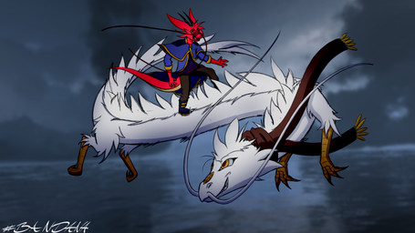 ambiguous_gender anthro blurred_background boots bottomwear clothed clothing cloud coat detailed_background duo feet feral flying footwear fur hair horn mountain open_mouth outside pants red_body red_fur scarf shoes sky smile smirk storm surprised tail talons teeth toes tongue topwear trenchcoat water white_body white_fur wind poundbandana asian_mythology east_asian_mythology mythology bandana_(character) cyrus_zhang dragon eastern_dragon mythological_creature mythological_scalie scalie 16:9 digital_drawing_(artwork) digital_media_(artwork) hi_res signature watermark widescreen