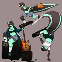 5_fingers amplifier anthro belt biped black_body black_clothing black_footwear black_fur black_hair black_shoes black_sneakers bottomwear breasts chest_tuft clothing electric_guitar female fingers fluffy fluffy_tail footwear fur green_body green_fur green_highlights grey_background grey_bottomwear grey_clothing grey_shorts guitar hair highlights_(coloring) holding_guitar holding_musical_instrument holding_object humanoid_hands long_tail midriff multicolored_body multicolored_fur multiple_poses musical_instrument open_mouth open_smile pink_nose plucked_string_instrument pose shirt shorts simple_background skateboard skateboarding smile socks solo string_instrument t-shirt tail teal_belt tongue tongue_out topwear torn_bottomwear torn_clothing torn_footwear torn_shorts torn_socks tuft two_tone_body two_tone_fur vehicle white_clothing white_shirt white_t-shirt white_topwear popcorn_the_skunk minty_(end_of_et3rnity) mammal mephitid skunk 1:1 2025 digital_drawing_(artwork) digital_media_(artwork) hi_res nonbinary_(lore)