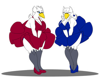 anthro anthrofied big_breasts blue_eyes breasts cleavage clothed clothing dress duo eyes_closed female footwear high_heels non-mammal_breasts pokemorph shoes wind wind_lift lunisnightwind nintendo pokemon the_seven_year_itch marilyn_monroe avian generation_5_pokemon pokemon_(species) swanna