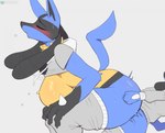 2024 anthro big_breasts blue_body blush bodily_fluids breasts clothed clothing cooliehigh duo eyes_closed female from_behind_position fur generation_4_pokemon grey_background hi_res level_difference lucario male male/female nintendo pokemon pokemon_(species) riolu sex simple_background sweat