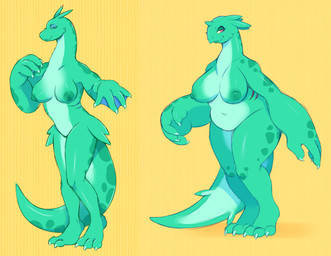 4_fingers alternate_form anthro areola bedroom_eyes belly big_breasts big_hands blue_eyeshadow breasts cheek_tuft claws closed_smile countershade_belly countershade_breasts countershade_neck countershade_tail countershading digitigrade eyelashes eyeshadow facial_tuft featureless_crotch female finger_claws fingers gills green_areola green_body green_horn green_lipstick green_nipples green_scales green_spots hairless half-closed_eyes hip_fins horn lipstick long_neck makeup membrane_(anatomy) mouth_closed narrowed_eyes navel nipples nude overweight overweight_anthro overweight_female reaching_towards_viewer red_eyes scales seductive simple_background skinny_anthro skinny_female small_waist smile smiling_at_viewer solo spots tail tall tapering_snout thick_tail thick_thighs three-quarter_view toe_claws torso_gills tuft webbed_hands wide_hips yellow_background yellow_sclera darkchibishadow aquatic cryptid loch_ness_monster plesiosaur prehistoric_species reptile scalie 2026 colored digital_media_(artwork) full-length_portrait hi_res model_sheet portrait shaded simple_shading