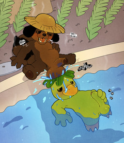 anthro balls beak big_balls bodily_fluids brown_body brown_fur clothing duo erection floating floppy_ears fur genitals green_body hat hat_only headgear headgear_only headwear headwear_only humanoid_genitalia humanoid_penis male male/male markings masturbation mismatched_genitalia mismatched_humanoid_penis mismatched_penis mostly_nude non-mammal_balls partially_submerged penis slightly_chubby straw_hat striped_markings striped_tail stripes sweat swimming tail tail_markings tea_bagging water argon_vile asian_mythology east_asian_mythology jackbox_games japanese_mythology mythology tee_k.o. the_jackbox_party_pack kappa_(tee_k.o.) tanuki_(tee_k.o.) canid canine kappa mammal raccoon_dog tanuki yokai hi_res