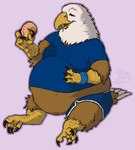 4_fingers 4_toes anisodactyl anthro athletic_wear avian_feet beak belly big_belly biped black_claws black_eyebrows blue_bottomwear blue_clothing blue_shirt blue_shorts blue_topwear bottomwear brown_body brown_feathers brown_tail claws clothed clothing dessert digitigrade doughnut eating eyebrows eyes_closed feathers feet finger_claws fingers food fully_clothed gym_bottomwear gym_shirt gym_shorts gym_topwear holding_food holding_object love_handles male moobs multicolored_body multicolored_feathers multicolored_tail obese obese_anthro obese_male open_beak open_mouth open_smile outline overweight overweight_anthro overweight_male pastry pink_background pink_tongue purple_outline scuted_arms scutes shirt shorts simple_background sitting smile solo stuffing tail tail_feathers thick_thighs three-quarter_view toe_claws toes tongue topwear two_tone_body two_tone_feathers two_tone_tail weight_gain white_body white_feathers white_tail wide_hips yellow_beak baronshoebat louie_swanson accipitrid accipitriform avian bald_eagle bird eagle sea_eagle 2018 digital_media_(artwork) shaded signature watermark