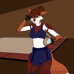 amber_eyes anthro armor clothed clothing colored_fur crop_top dark_hair female fur green_eyes hair heterochromia magic melee_weapon midriff orb red_body red_fur shirt solo sword topwear weapon white_body white_fur wasabi_kitt rita_penebui canid canine fox mammal 1:1 2022 digital_drawing_(artwork) digital_media_(artwork) hi_res