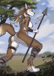 anthro anus areola armwear biped black_nose blue_sky breasts brown_body brown_fur butt cheek_tuft claws clothing cloud day eyebrows eyelashes facial_tuft feathers feet female fingers fur genitals grass green_eyes hair happy hindpaw holding_melee_weapon holding_object holding_polearm holding_spear holding_weapon inner_ear_fluff innie_pussy legwear long_hair melee_weapon mostly_nude narrowed_eyes nipples outside paws pink_areola pink_nipples plant polearm pussy seductive sky solo spear tail toe_claws tree tribal tuft weapon white_body white_fur white_inner_ear_fluff novery canid canine canis mammal wolf 2024 digital_media_(artwork) hi_res shaded