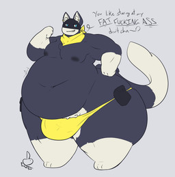 belly big_belly black_body black_fur blue_eyes bulge clothing dialogue fur male obese obese_male overweight overweight_male solo text thick_thighs thong underwear white_body white_fur pocketbun atlus megami_tensei persona_(series) persona_5 sega morgana_(persona) domestic_cat felid feline felis mammal hi_res