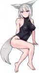 5_toes barefoot breasts clothed clothing feet female fluffy fluffy_tail fur grey_body grey_fur grey_hair hair hand_behind_back looking_at_viewer one-piece_swimsuit purple_eyes short_hair simple_background solo swimwear tail toes white_background acechan_f animal_humanoid canid canid_humanoid canine canine_humanoid fox_humanoid humanoid mammal mammal_humanoid 2015