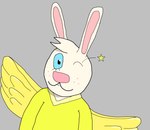anthro blue_eyes clothed clothing female freckles fully_clothed fur grey_background one_eye_closed robe simple_background solo white_body white_fur wings wink yellow_clothing yellow_robe mediocracy angel_hare the_east_patch angel_gabby angel hare lagomorph leporid mammal hi_res