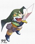 anthro biped clothed clothing green_body holding_melee_weapon holding_object holding_sword holding_weapon horizontal_pupils male melee_weapon open_mouth pupils simple_background solo sword weapon white_background yellow_eyes orlek cc-by-nc-nd chrono_trigger creative_commons square_enix glenn_(chrono_trigger) amphibian frog 2021 4:5 absurd_res hi_res