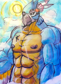 abs anthro beak blue_body blue_feathers clothed clothing cloud duo feathers macro male muscular nipples silhouette size_difference smaller_human solo_focus sun topless white_body white_feathers wings yellow_body yellow_feathers mrease breath_of_the_wild nintendo the_legend_of_zelda kass_(tloz) link avian bird human mammal rito 2018 painting_(artwork) traditional_media_(artwork) traditional_painting_(artwork) traditional_watercolor_(artwork) watercolor_(artwork)