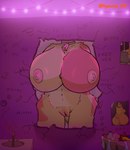 anthro areola bathroom bell bell_collar big_breasts breasts collar cracked_wall decorative_light detailed_background female front_view fur genitals glory_hole graffiti hole_in_wall huge_breasts inside nipples nude obscured_face poster_(object) public_restroom pussy solo standing tail text thick_thighs through_wall wide_hips kyouta_69 rina_sweetwarm bovid bovine cattle mammal 2024 digital_media_(artwork) english_text hi_res