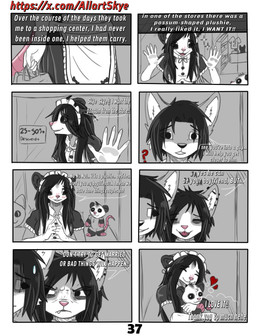 anthro black_eyes black_nose clothing dialogue duo female fur gloves grey_body grey_fur handwear maid_uniform male pink_nose simple_background text uniform white_body white_fur allartskye evelyne_(allartskye) kia_(allartskye) skye_(allartskye) american_opossum canid canine canis domestic_cat felid feline felis mammal marsupial wolf comic english_text hi_res url