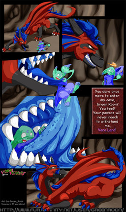 anthro blue_body blue_fur blue_tongue cave claws dialogue duo feet feral feral_pred forced fur green_body green_fur logo male male/male male_pred male_prey oral_vore red_body sharp_teeth sitting speech_box tail teeth text tongue unwilling_prey vore willing_pred wings green_roon mythology vore_planet green_roon_(character) vorelord_(character) dragon mythological_creature mythological_scalie scalie 2010 artist_logo artist_name colored comic english_text hi_res url