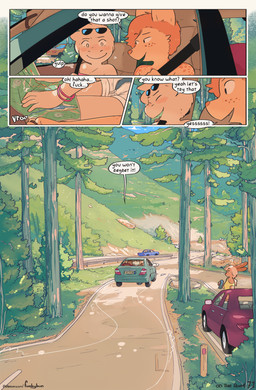 car driving male male/male mountain public road text vehicle conditional_dnp funkybun finn_(funkybun) nick_(funkybun) felid feline lizard mammal reptile scalie serval comic english_text hi_res