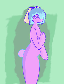 blue_hair breasts covering covering_breasts ears_down hair pink_body pivoted_ears purple_eyes solo yuxuly cametek lagomorph leporid mammal rabbit absurd_res hi_res