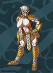 4_toes 5_fingers abs abstract_background armor big_breasts breasts claws clothing dreadlocks feet female fingers fishnet_clothing fishnet_topwear hand_on_hip headgear helmet mask muscular muscular_female muscular_humanoid nipples not_furry solo spots standing toes topwear thechurroman predator_(franchise) curved_edge_(tbkaltoria) alien humanoid yautja 2020 full-length_portrait hi_res portrait