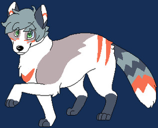 ambiguous_gender black_nose digitigrade feral feral_with_hair fur green_eyes grey_body grey_fur grey_hair hair markings orange_markings paws raised_paw snout solo standing tail white_body white_fur white_inner_ear sebdoggo canid canine mammal 2017 aliasing alpha_channel digital_drawing_(artwork) digital_media_(artwork) flat_colors full-length_portrait low_res microsoft_paint_(artwork) portrait
